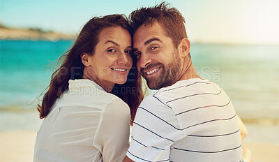 Buy stock photo Love, portrait and smile with couple on beach together for anniversary, date or romance in summer. Holiday, travel or vacation with happy man and woman on tropical island paradise for honeymoon