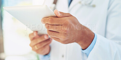 Buy stock photo Hands, doctor and tablet  in hospital for medical information, appointment schedule and communication. Tech, male person or physician in clinic for online research, internet advice and networking