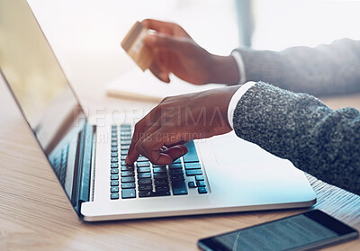 Buy stock photo Hands typing, laptop and credit card for online shopping, payment or digital banking in office closeup. Keyboard, debit and business person on website store for ecommerce, sales or finance investment