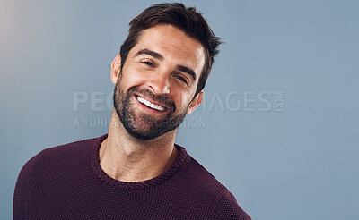 Buy stock photo Happy, man and portrait with mockup for confidence, pride and positive attitude isolated in studio. Smile, male person or model with commercial space for pride and optimism with gray background