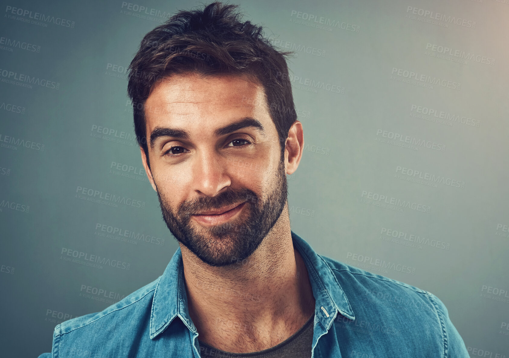 Buy stock photo Portrait, fashion and man with confidence, proud and stylish clothes on grey studio background. Face, person and model with shirt, mockup space and opportunity for pose, trendy outfit and streetwear