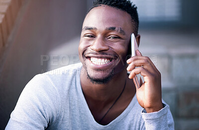 Buy stock photo Stairs, smile and portrait of black man with phone call for contact, communication and connectivity. Happy, male person and face with technology for digital network, discussion and conversation