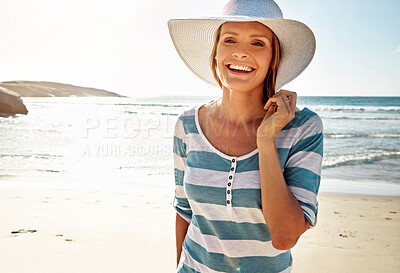 Buy stock photo Woman, portrait and hat with smile at beach for vacation, fun and break as tourist in Florida. Female person, coast and happy in summer holiday for adventure, travel relax in nature and fresh air