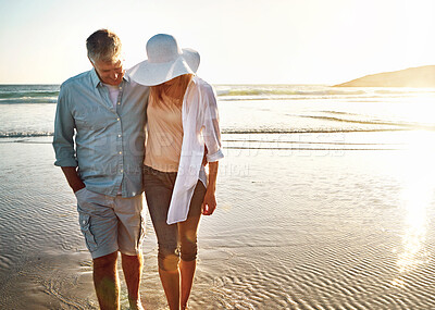 Buy stock photo Happy couple, walking and beach for holiday on island or coast for getaway, travel and vacation in Bali. Woman, man and relationship for love or marriage anniversary by ocean at sunset in Indonesia