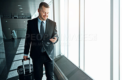 Buy stock photo Businessman, suitcase or luggage with smartphone in airport walk to gate for international trip or adventure. Corporate journey, male person or entrepreneur online with tech for global opportunity