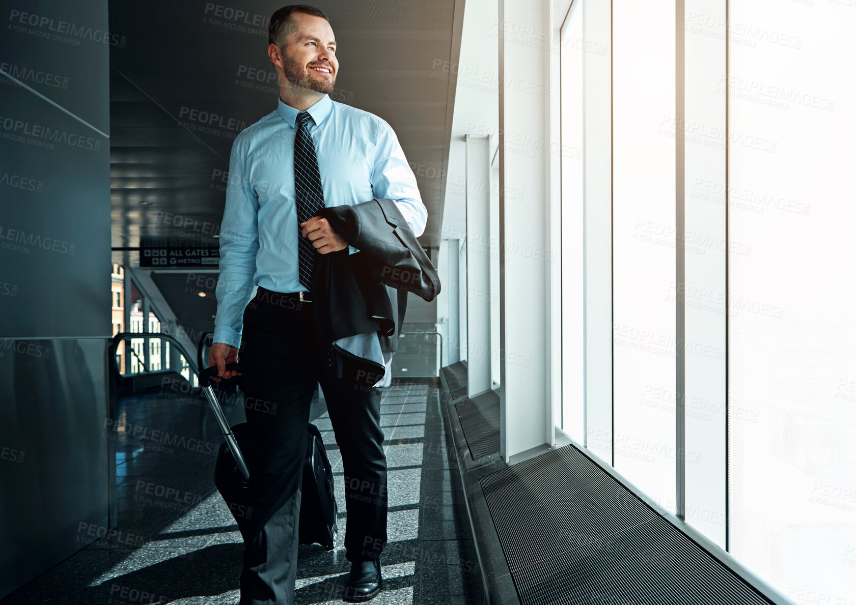 Buy stock photo Businessman, suitcase or luggage in airport happy walking to gate for international trip, networking or adventure. Corporate journey, male person or entrepreneur with smile for global opportunity