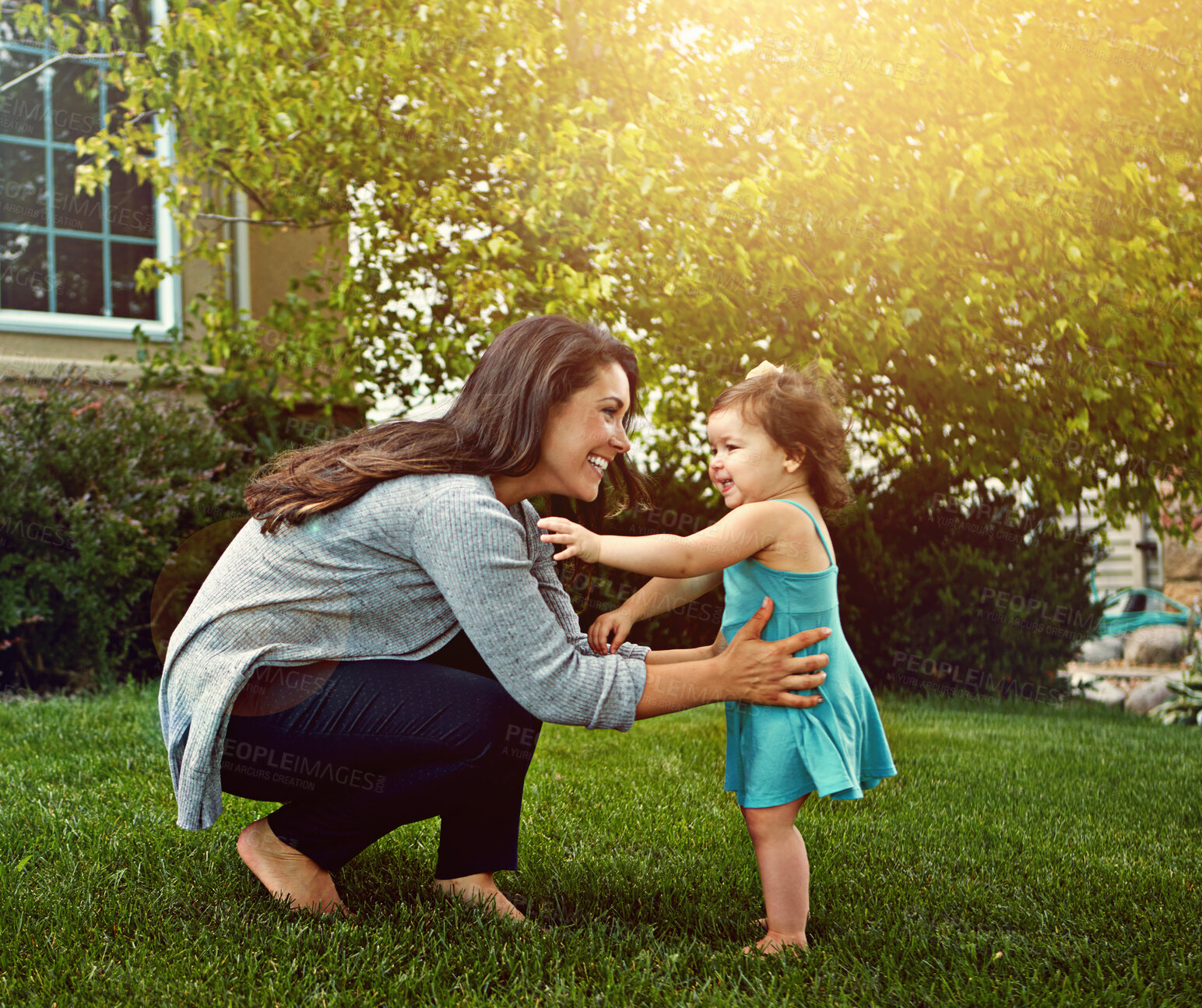 Buy stock photo Smile, woman and baby with love in garden for outdoor fun, care and support in child development. Family, toddler girl and mom with happiness in backyard for growth, bonding and motherhood on weekend