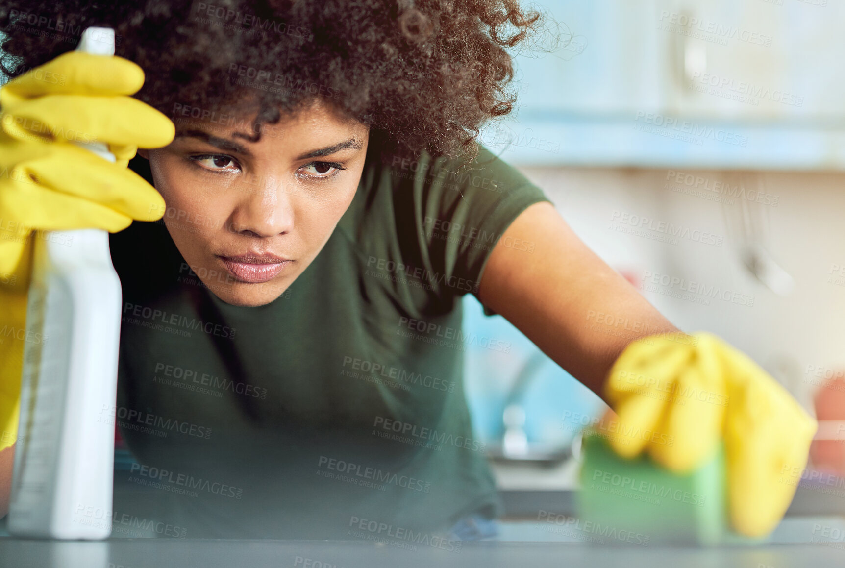 Buy stock photo House, spray and woman with cleaning on counter for maintenance, hygiene and sanitation in kitchen. Person, detergent and bottle with gloves at home for bacteria, housekeeping and removal of dirt