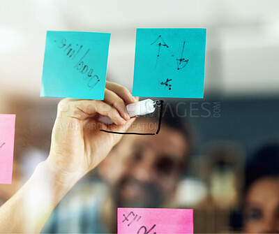 Buy stock photo Business, hand and writing on glass with sticky notes for project deadline, meeting reminder or tasks schedule. Employee, person and planning ideas in office for brainstorming, strategy and solution