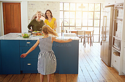 Buy stock photo Happy, dancing and child in kitchen with music, fun and family with mom and grandmother cooking. Love, youth and girl with senior woman, mother and kid together with food and smile with care in house