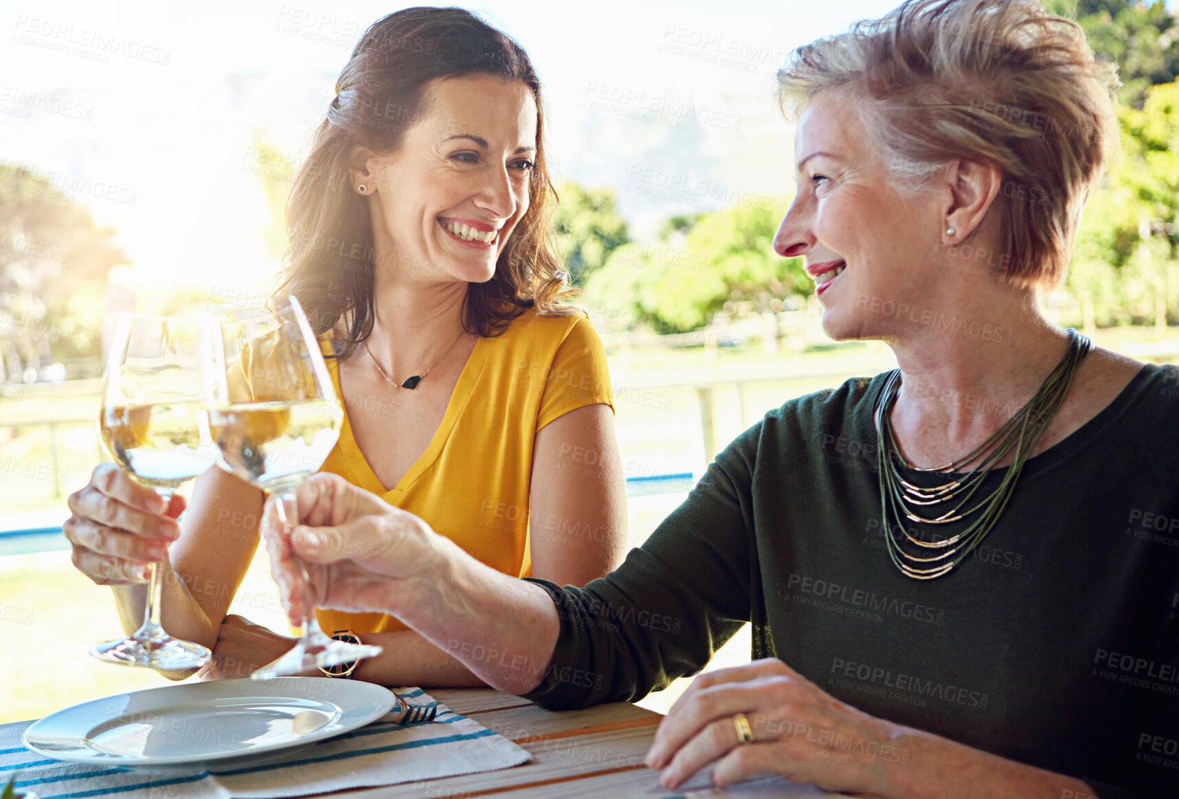 Buy stock photo Cheers, woman and mother on patio for lunch celebration, eating and happy bonding together at table. Smile, family and toast with glass, drink or outdoor dinner for holiday, fun and relax in backyard