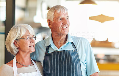 Buy stock photo Senior couple, smile and business owner with thinking, working and coffee shop with manager. Vision, entrepreneur and elderly people with idea and proud from cafe service and store with staff