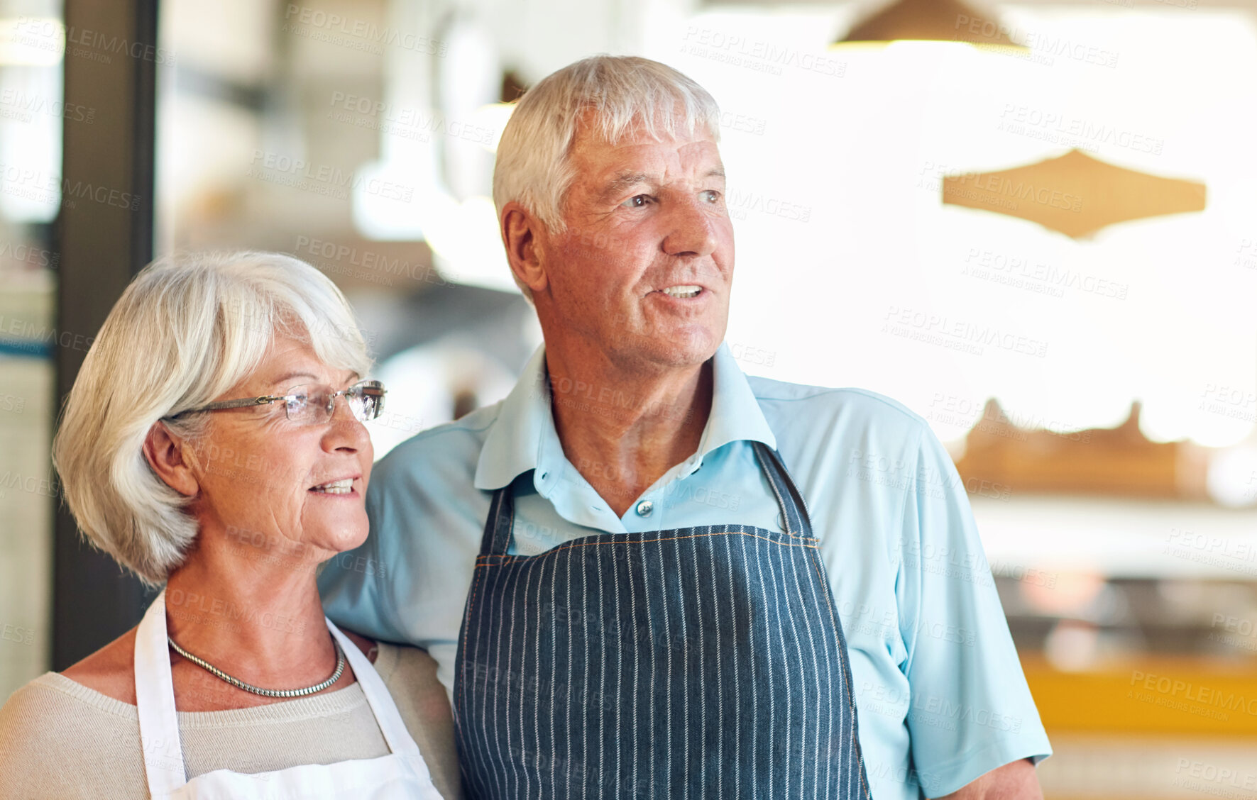 Buy stock photo Senior couple, smile and business owner with thinking, working and coffee shop with manager. Vision, entrepreneur and elderly people with idea and proud from cafe service and store with staff