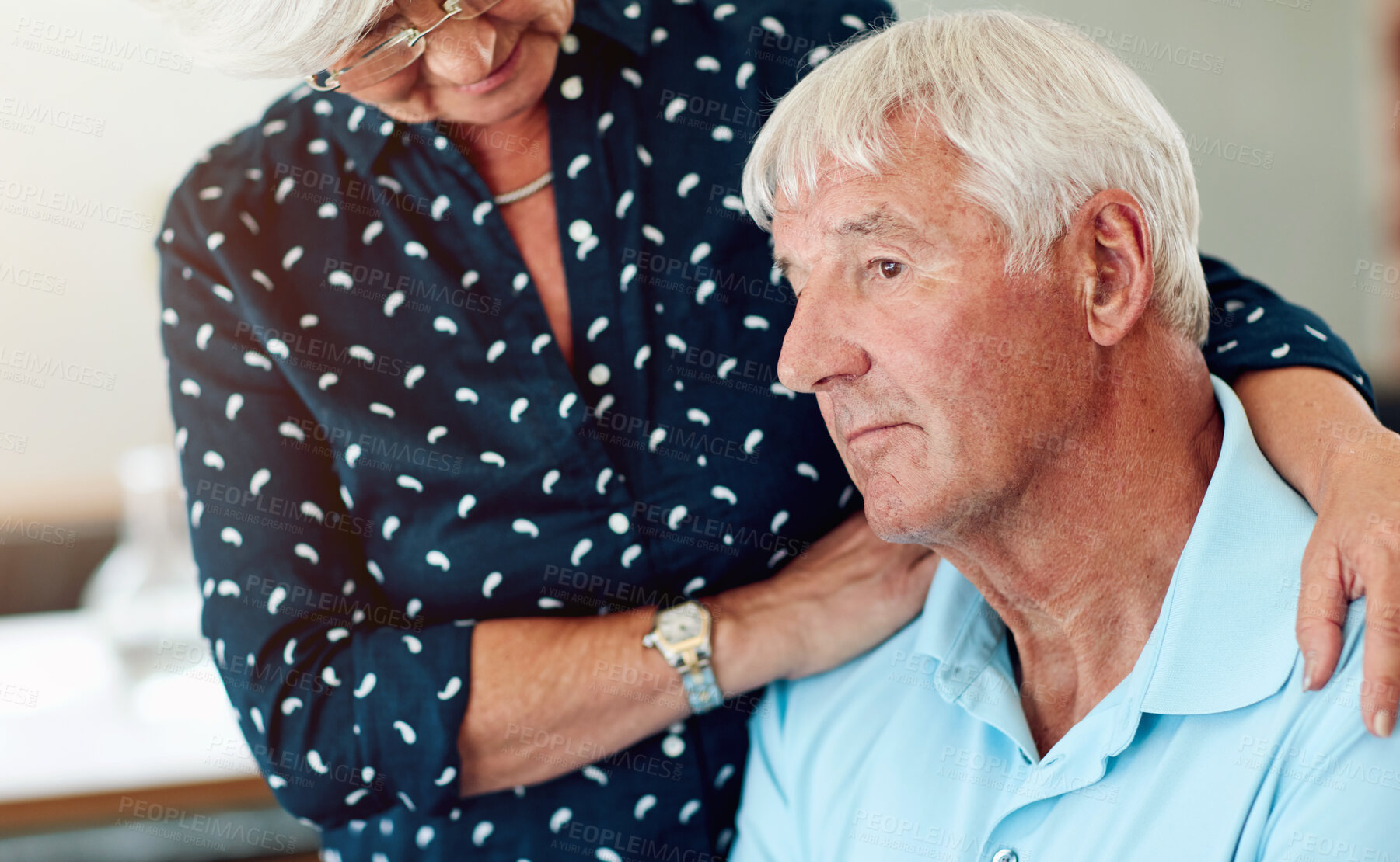 Buy stock photo Thinking, retirement and senior man in home for memory, depression or remember past. Worry, sad and thoughtful  elderly person with woman for Alzheimer's, mental health or dementia with nostalgia