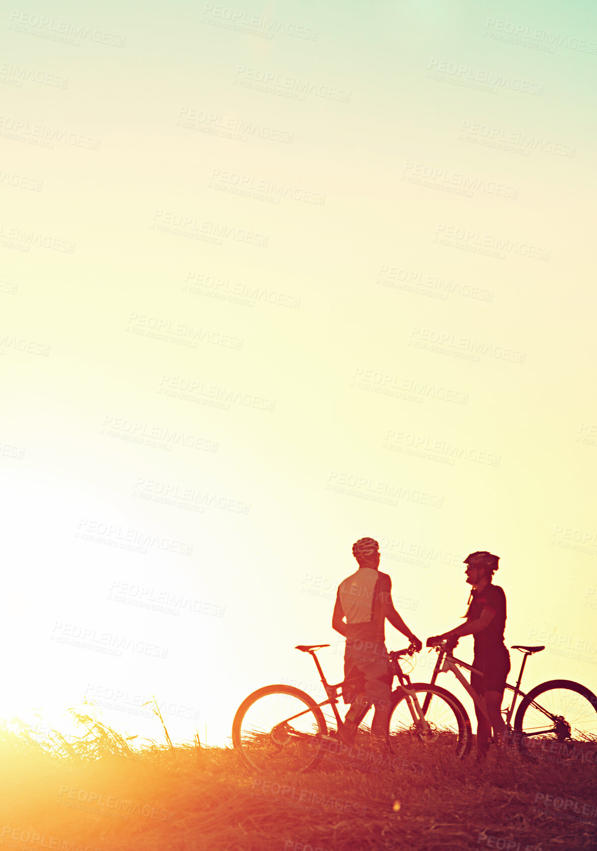Buy stock photo Sports, sunrise and people with bicycle in nature for training, workout and exercise in countryside. Fitness, cycling and friends on mountain bike for adventure, travel and adrenaline on dirt road