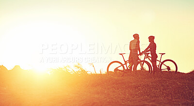 Buy stock photo Bicycle, cyclist and sunrise with people in nature with fitness, workout and training break outdoor. Sport, cycling and bike with athlete exercise for health and race in the morning with mockup space