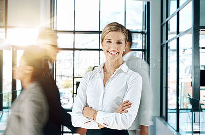 Buy stock photo Business, woman and portrait in office with smile and confidence, advocate or attorney at law firm. Female lawyer, workplace or happy with arms crossed for career, legal company with motion blur