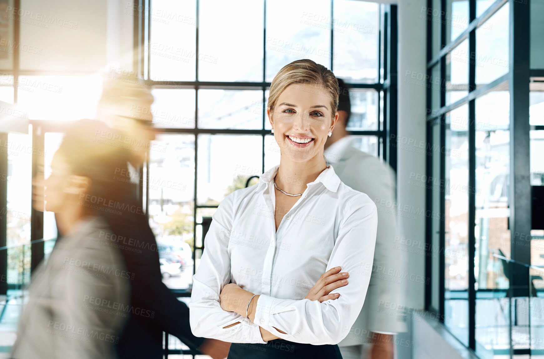 Buy stock photo Business, woman and portrait in office with smile and confidence, advocate or attorney at law firm. Female lawyer, workplace or happy with arms crossed for career, legal company with motion blur