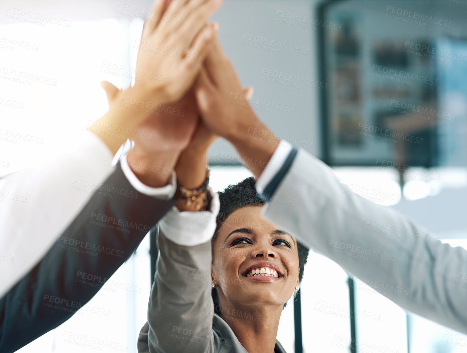 Buy stock photo Woman, hands and diversity for success in high five for business or project as lawyer in corporate. Teamwork, celebration and workplace with happy, winning or collaboration in career as professional