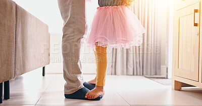 Buy stock photo Father, child and dancing on feet in home with music, radio or bonding with love in living room. Dancer, energy or girl in ballerina dress in lounge with teaching, steps or movement in house for care