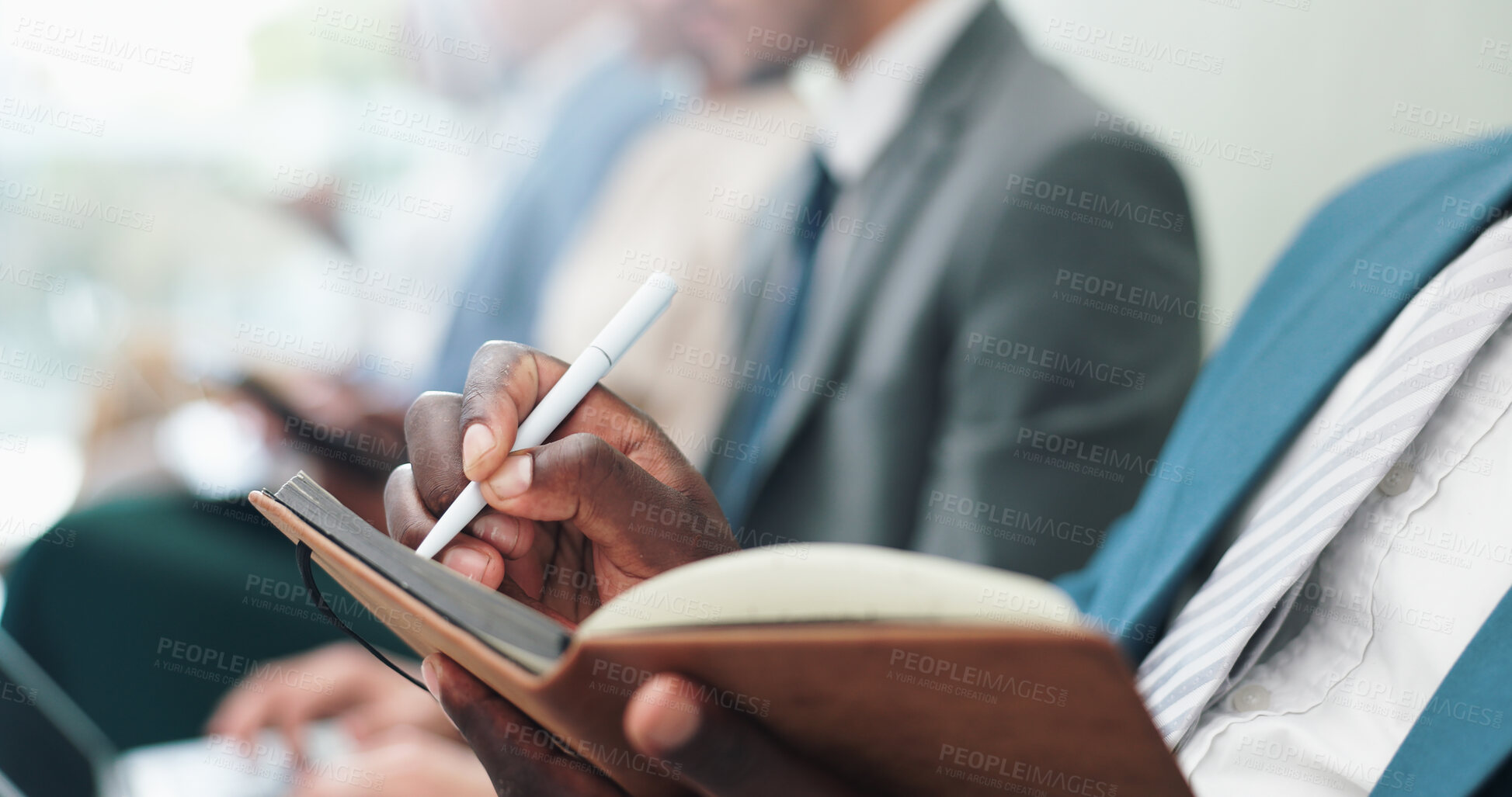 Buy stock photo Businessman, hands and writing with book in row for notes, presentation or waiting room at the office. Closeup of man or employee filling notebook in line for schedule or attention at the workplace