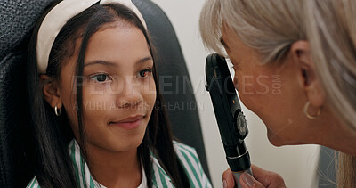 Girl, optometrist and checkup for vision, health and eye care with retinoscope test. Specialist, optician and technology for assessment, exam and medical result with consultation and support
