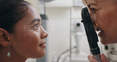 Woman, optometrist and checkup for vision, health and eye care with retinoscope test. Specialist, optician and technology for assessment, exam and medical result with consultation and support