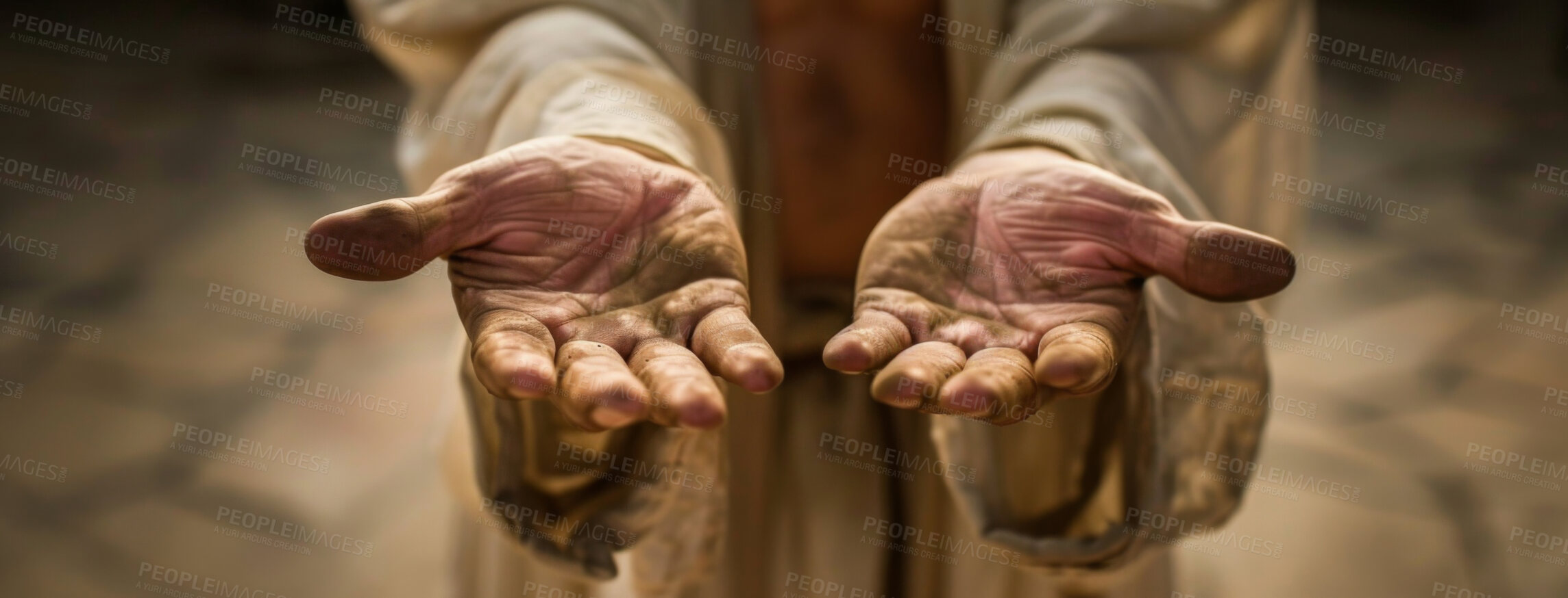 Buy stock photo Dirty, hands and poverty with poor or homeless in outdoors with hunger or gesture for charity or help. Christianity, values and spirituality with belief in god for hope, spirit and love for banner.