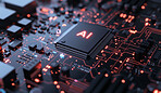 Future, tech and micro chip for ai on motherboard, programming and codes for internet browsing and information. Lights, machine learning and big data, algorithms and tech advancement or innovation