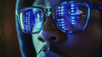 Buy stock photo Night, man and glasses with reflection of software developer, coding and information technology for fintech. Black person or programmer, screen and IT problem solving, data analysis and cybersecurity