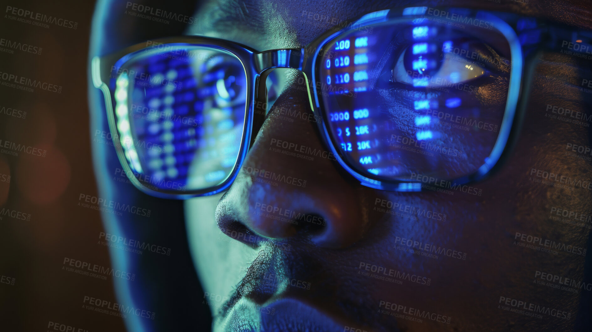 Buy stock photo Night, man and glasses with reflection of software developer, coding and information technology for fintech. Black person or programmer, screen and IT problem solving, data analysis and cybersecurity