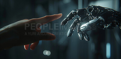 Buy stock photo Person, hands and touch with robot for AI, digital innovation or interaction at night in cyberspace. Closeup of human or cyborg reaching finger for futuristic development, machine learning or intel