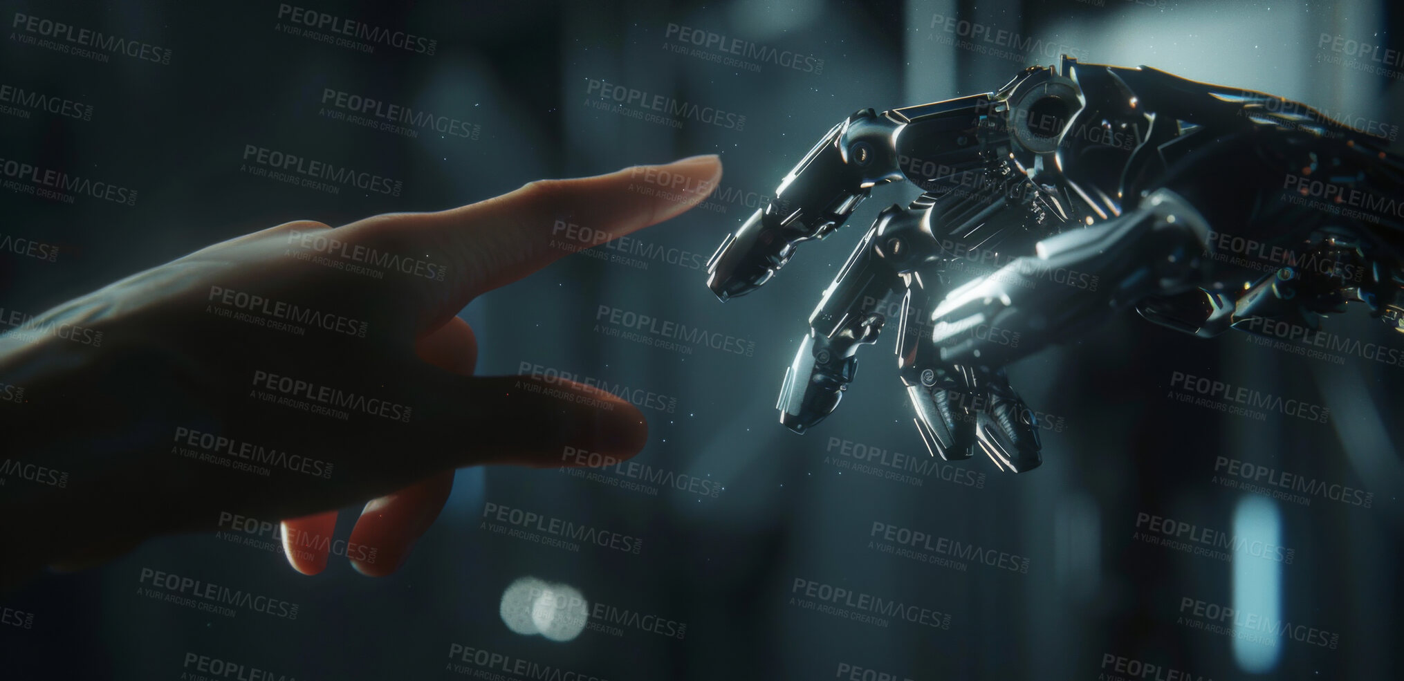 Buy stock photo Person, hands and touch with robot for AI, digital innovation or interaction at night in cyberspace. Closeup of human or cyborg reaching finger for futuristic development, machine learning or intel