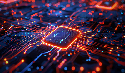 Buy stock photo Technology, abstract and electronics or microchip with futuristic pattern, connection or interface. Data center, iot or digital with hardware for networking, cyber servers or machine learning