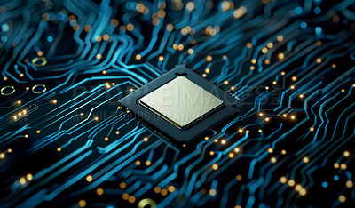 Buy stock photo Technology, hardware and electronics or microchip with futuristic pattern, connection or interface. Data center, iot or digital with abstract for networking, cyber servers or machine learning