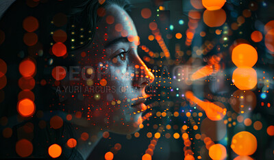 Buy stock photo Woman, thinking and bokeh or digital connection, networking and futuristic communication with lights. Technology, information and advancements with overlay in night, innovation design and cyber idea