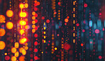 Bokeh, tech and background with pattern, texture and design for connection of binary data. Light, defocused blur or backdrop illustration with futuristic dots, glitter or glow of magic circle sparkle