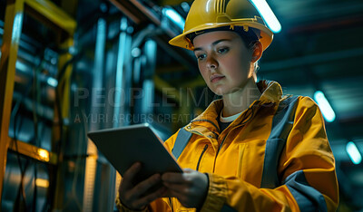 Buy stock photo Woman, technician or tablet in server room as data center, system solution or electrician for inspection. Night, software analysis or female developer for IT problem solving, cybersecurity or results