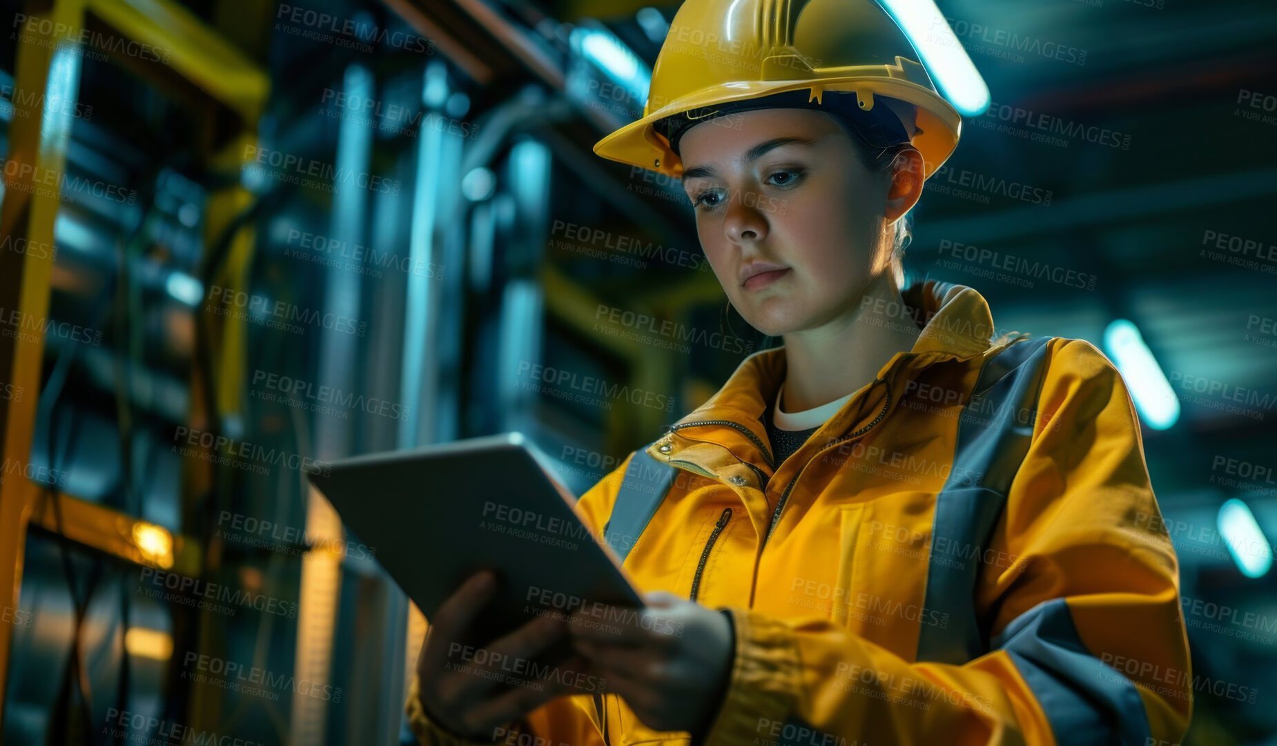 Buy stock photo Woman, technician or tablet in server room as data center, system solution or electrician for inspection. Night, software analysis or female developer for IT problem solving, cybersecurity or results