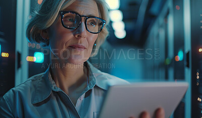 Buy stock photo Woman, engineering and tablet in server room as data center, system solution or electrician for thinking. Night, mature or female developer with tech for IT problem solving, cybersecurity or research