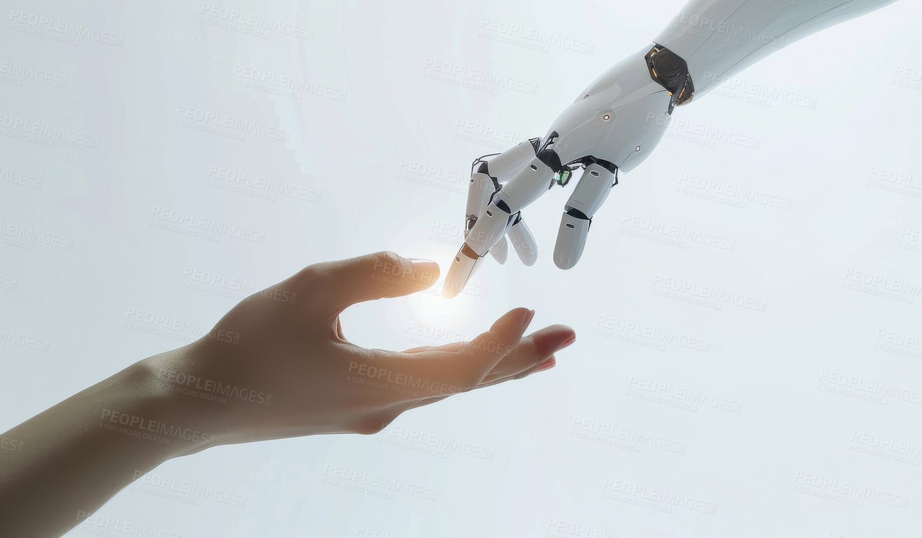 Buy stock photo Hands, robotic arm and human touching fingers, cyber machine and ai innovation on white studio background. Closeup, light and person with cyborg, futuristic and bionic with prosthetic  and bionic