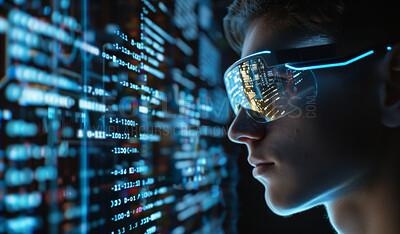 Buy stock photo Man, data and code for network, cybersecurity and internet for cloud computing and future. Programmer, overlay and technician or software engineer with server, inspection and firewall security