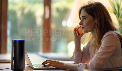 Buy stock photo Businesswoman, smile and laptop with speaker for phone call, communication and remote work at home. Female person, entrepreneur and computer with amp for music and typing company research project.