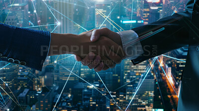 Business people, teamwork or handshake in city on overlay for deal, partnership or corporate agreement. B2b, investors or shaking hands for approval or thank you, greeting or negotiation for link