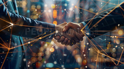 Business people, deal or handshake in city on overlay for teamwork, partnership or corporate agreement. B2b, investors or shaking hands for approval or thank you, greeting or negotiation for link