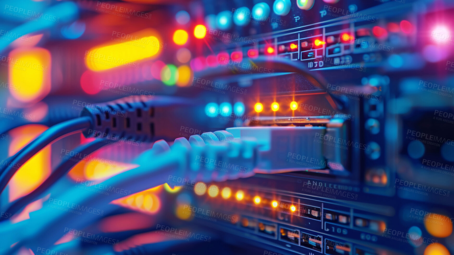 Buy stock photo Digital network, cable and electronic server for connection, hardware and cloud computing. Futuristic, technology and programming for cyber security and safety of business database or data center