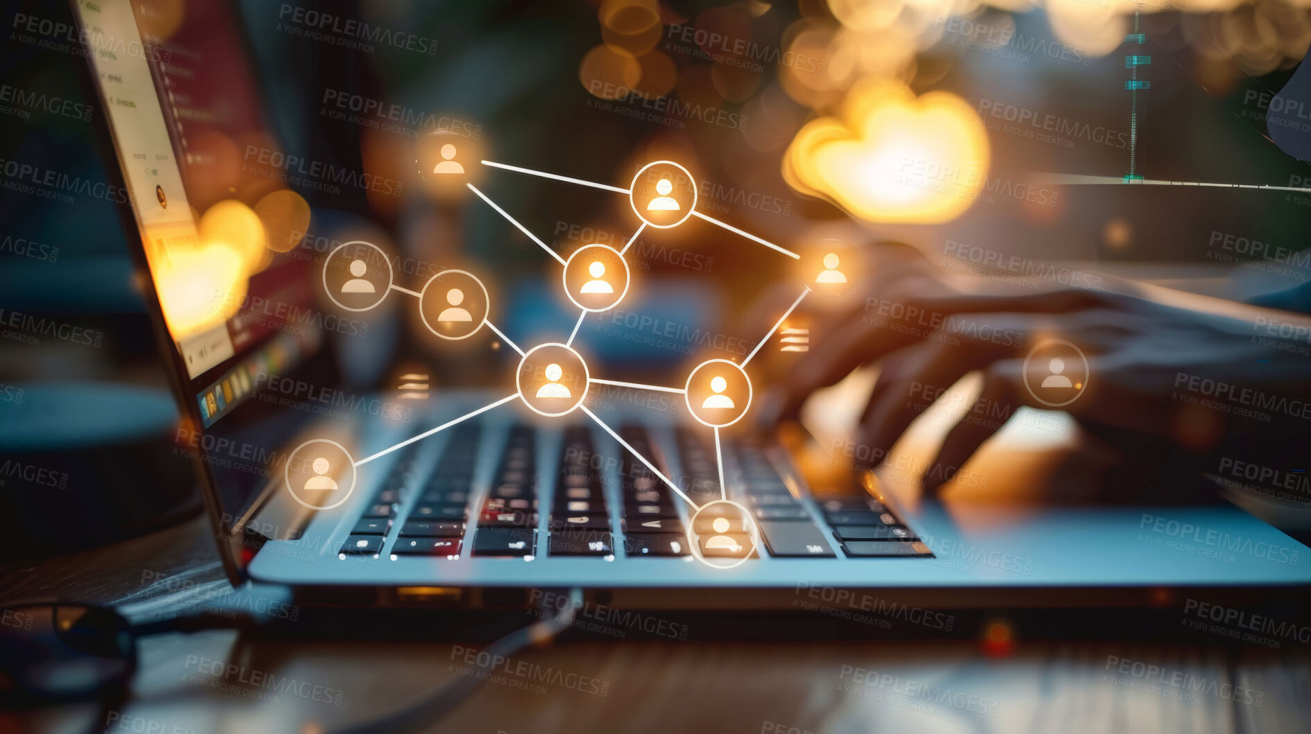 Buy stock photo Laptop, hands and hologram for global network or social media connectivity for collaboration and communication. Person, technology and trade expert with digital icon for international supply chain.