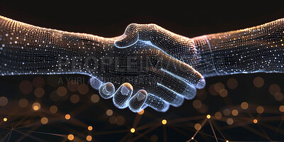 Buy stock photo Handshake, hologram and partnership for business, trust and collaboration with networking link. Shaking hands, futuristic and digital success for teamwork, deal and agreement with global connection