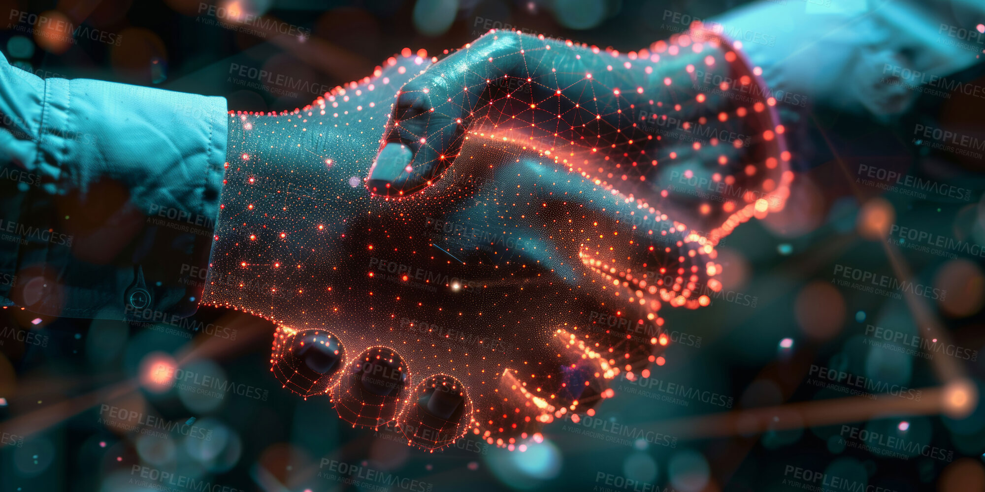 Buy stock photo Handshake, business and people for deal with network link for hologram agreement, partnership and growth of company. Futuristic, digital and virtual meeting with negotiation, support and project goal