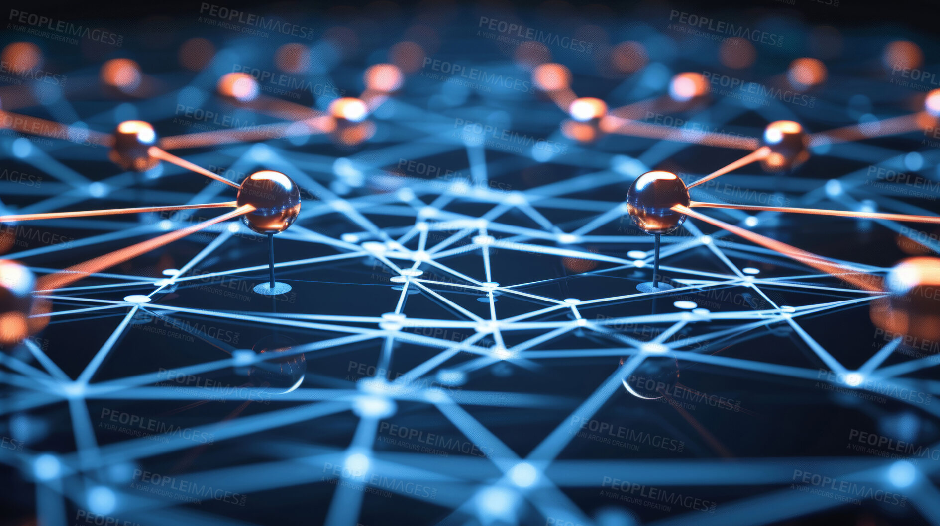 Buy stock photo Abstract, pins and background with network, grid and connection for system structure. Sphere, digital and wireframe for science, infrastructure and future study with particles and internet graphic